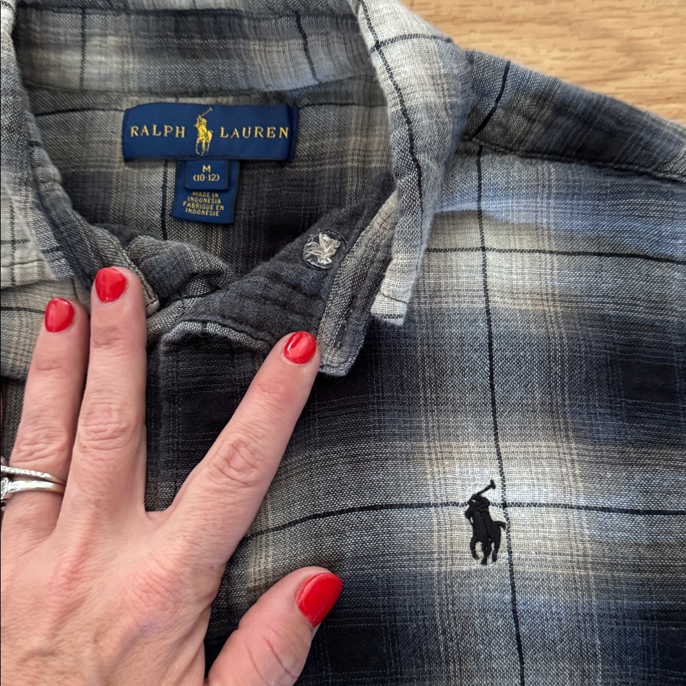 Ralph Lauren Boys Plaid Flannel Long Sleeve Button Down Shirt 10/12 Black Gray - Picture 2 of 6